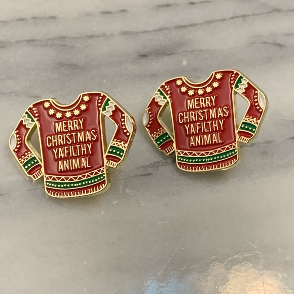 Jewelry - 2 Red Christmas Sweater Pins “Merry Christmas Ya Filthy Animal”